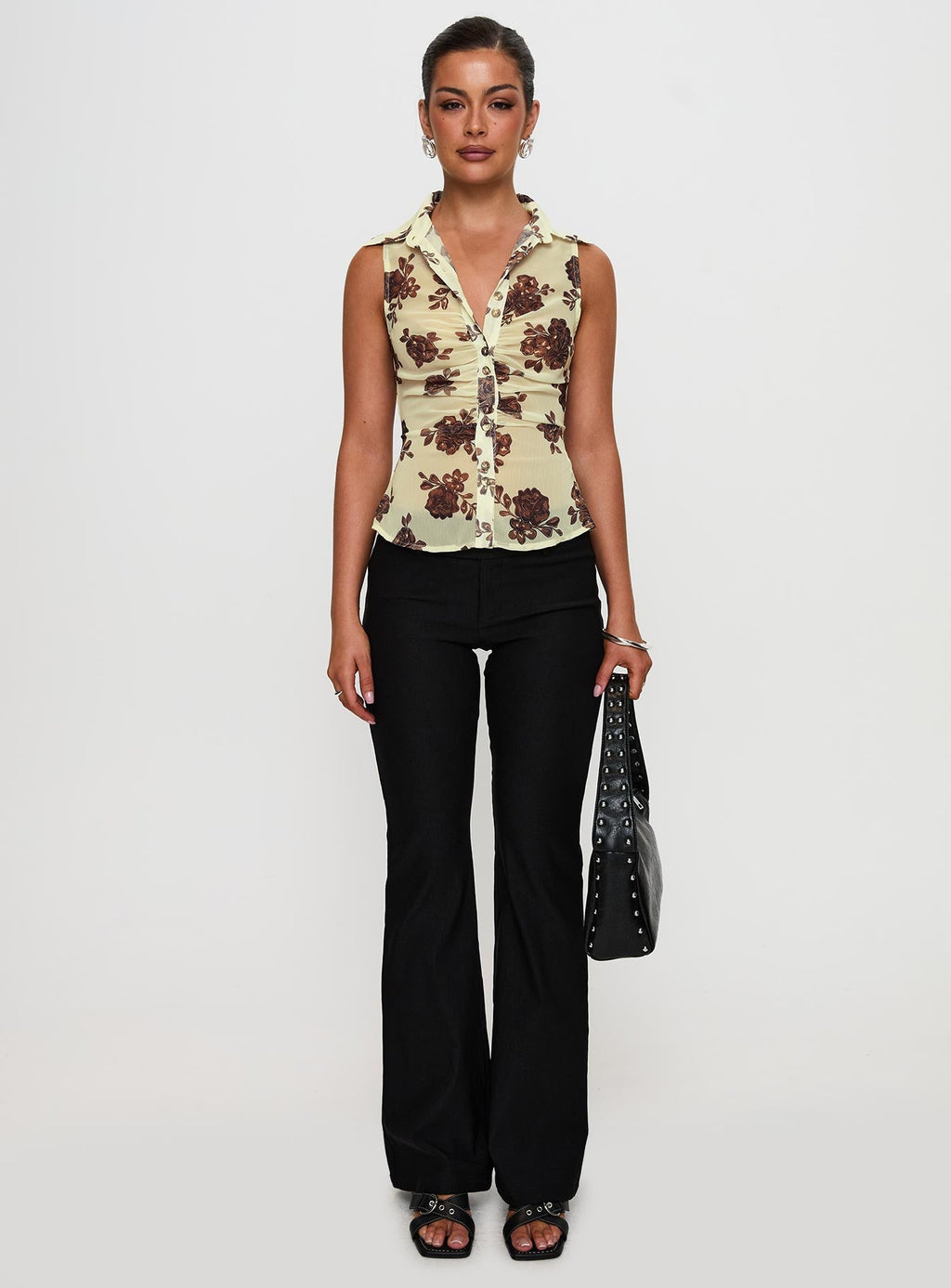 Present Tense Sheer Ruched Top Yellow Floral